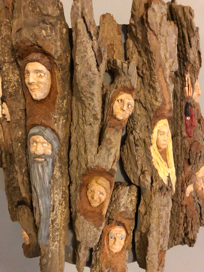 cottonwood bark faces study hand carved