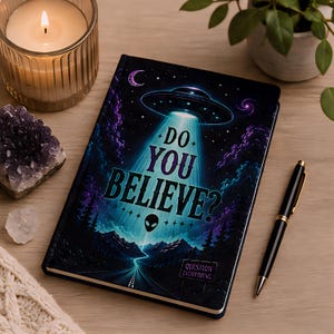 Op de afbeelding: Een notitieboek met harde kaft voorzien van een nachtelijke hemelillustratie met een vliegende schotel die licht op een weg werpt. De tekst luidt DO YOU BELIEVE? en QUESTION EVERYTHING. De cover bevat paarse wolken en een alien-hoofd.