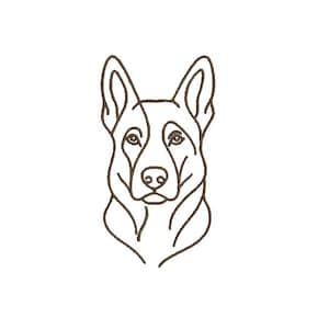 May include: A minimalist line drawing of a German Shepherd dog's head, rendered in brown against a white background. The artwork emphasizes the dog's features, including its ears, eyes, nose, and neck, with clean, simple lines.