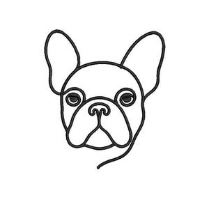 Può includere: Un disegno a tratto nero minimalista del muso di un bulldog francese. L'opera presenta i tratti distintivi del cane, tra cui grandi orecchie dritte, un muso corto e occhi espressivi, il tutto reso con una linea continua e semplice su sfondo bianco.