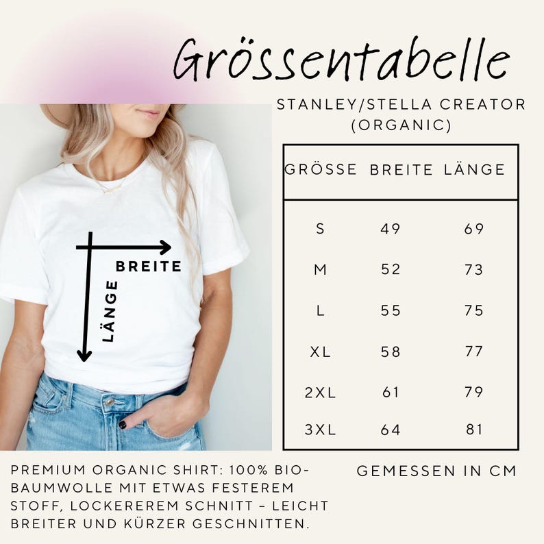 Puede incluir: Una camiseta blanca con una tabla de tallas en alem&aacute;n. La tabla muestra tallas de la S a la 3XL con medidas en cent&iacute;metros. El texto en la camiseta dice "BREITE" y "L&Auml;NGE". La camiseta es de algod&oacute;n org&aacute;nico.