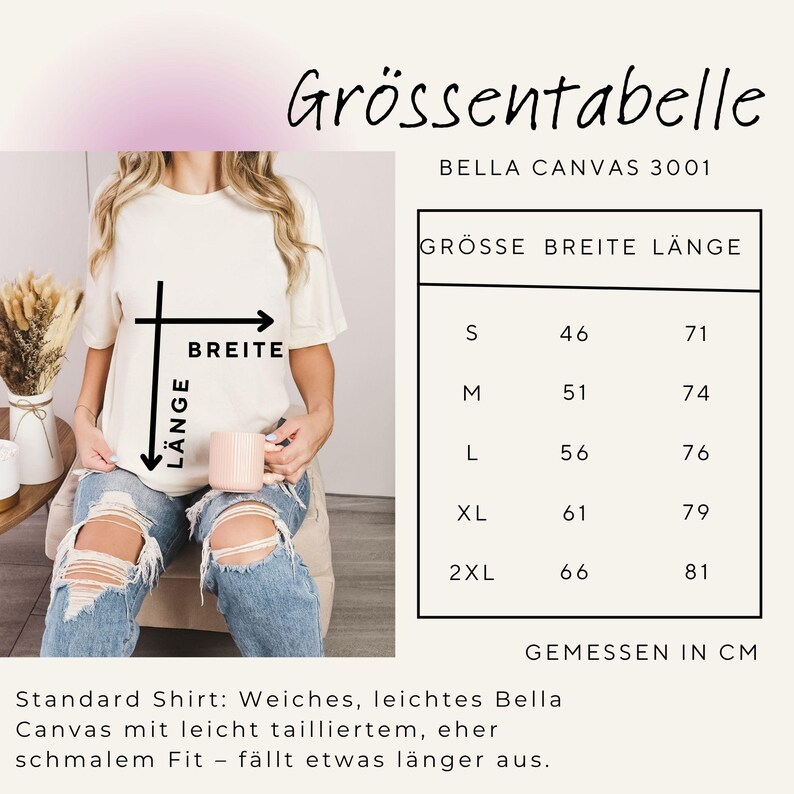 Puede incluir: Tabla de tallas para una camiseta est&aacute;ndar Bella Canvas 3001, con medidas en cent&iacute;metros. La tabla muestra las tallas S a 2XL, con las medidas de ancho y largo correspondientes. La camiseta se describe como suave, ligera y ligeramente entallada.