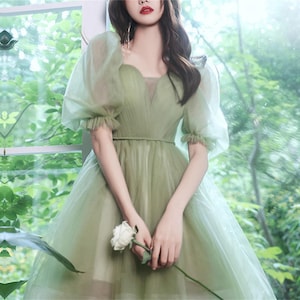 Puffed Sleeve Princess Dress, Green Forest Fairy Dress, Dream Birthday Party Dress, Elegant Quinceanera Prom, Homecoming Cottagecore Dress