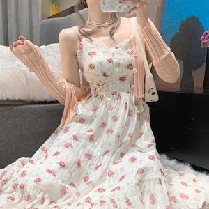Französisches Blumen Slip Dress,Seltenes Elfen Kleid,Milchmädchen Kleid,Süsses Prinzessin Midi Kleid,Cottagecore Kleid,Viktorianisches Kleid,Milchmädchen Kleid