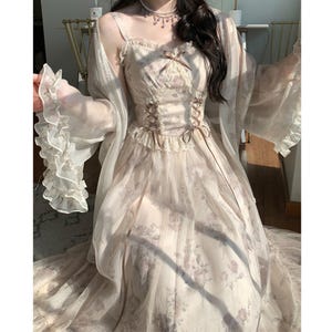 Vintage Spitze Floral Slip Dress mit Cardigan,Court Style Dress,Prinzessinnenkleid,Abschlussballkleid,Französisch Korsett Kleid,Cottagecore Kleid,Sommerkleid