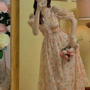 Tea Break French Bow Floral Fairy Dress, Sweet Puff Sleeve Dress, Milkmaid Dress, Princess Dress, Cottagecore Dress, Victorian Dress, Gifts