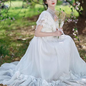 White Tulle Lace Fairy Dress, Elegant Court Princess Dress, Gentle Victorian Dress,Wedding Guest Prom, Bridesmaid Dress,Formal Banquet Dress