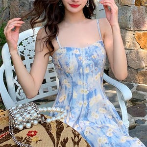 Oil Floral Fairy Dress, Blue Halter Princess Dress, Beach Holiday Dress,Gentle Cottagecore Dress,Elegant Birthday Party Dress,Milkmaid Dress