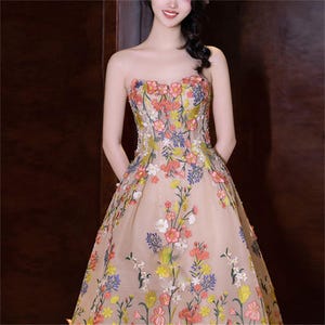 Floral Dress, French Evening Dress, Gentle Fairy Dress, Heavy Work Embroidery Dress, Tulle Ball Dress, Strapless A-line Dress, Wedding Dress