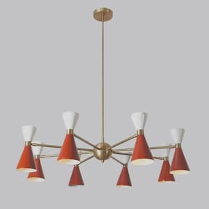 Mid Century Modern Sputnik Chandelier, 16 Light Stilnovo Pendant, Italian Brass Ceiling Fixture, Colorful Cone Shades