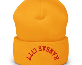 Kansas City Cuffed Beanie: Embroidered Logo, Red & Yellow, KC Football