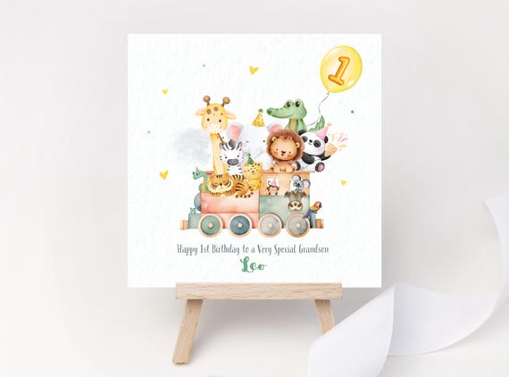 Safari Party Train First Birthday Card Personalised with Name Grandson Son Nephew Godson Great Grandson Boy Animals 1st Birthday Party One