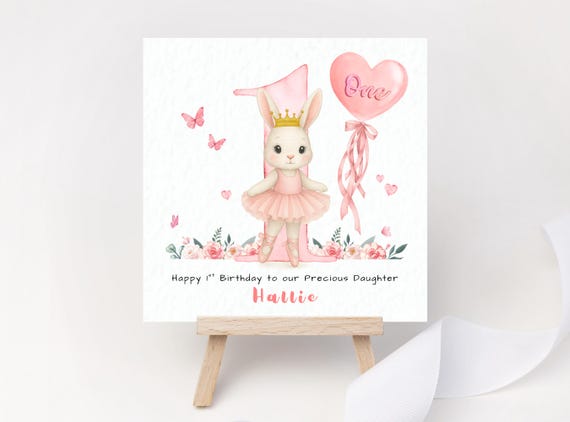 Bunny Ballerina 1st Birthday Card – Personalised Name & Relation – Pink Heart Balloon – Cute Rabbit with Crown in Tutu – Girl Keepsake Card