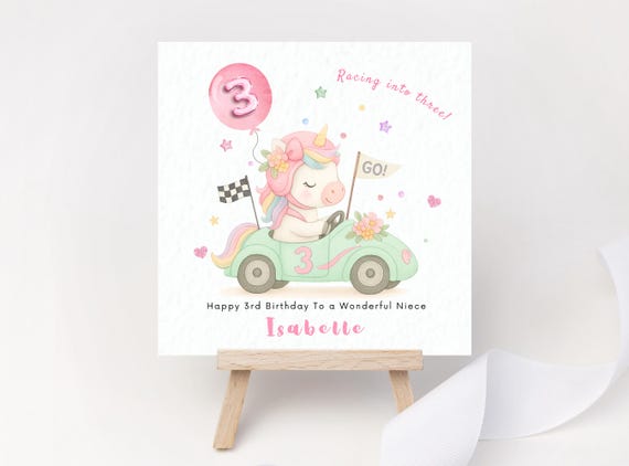 Racing Car Birthday Card Personalised Racing into Three Card 3rd Birthday Card for Daughter Granddaughter Niece Goddaughter Unicorn Rainbow