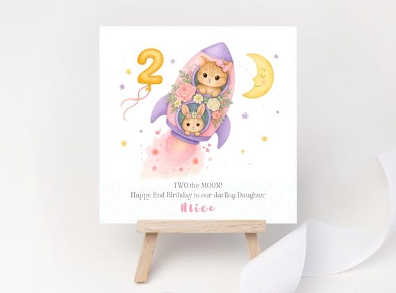 TWO the Moon 2nd Birthday Card for Girl Personalised Pink Rocket Card with Kitten and Bunny Cute Children’s Birthday Card