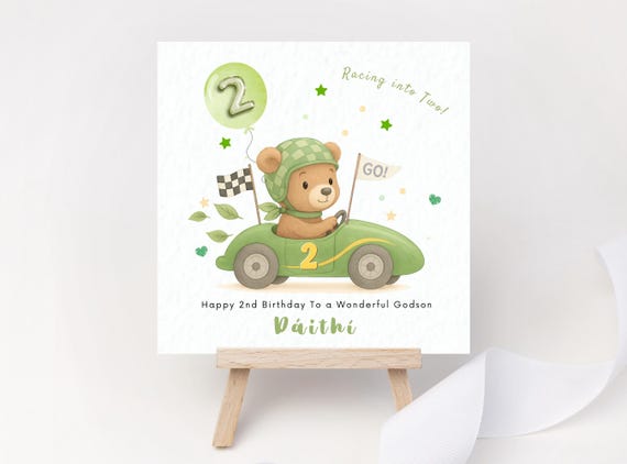 Racing Car Birthday Card Personalised Racing into Two Card 2nd Birthday Card for Son Grandson Nephew Godson Cousin Bear Fast Two Car Vehicle