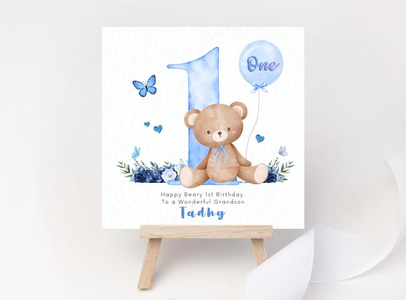 Beary First Birthday Card Personalised with Name for Grandson Son Nephew Godson Cousin Brother 1st Birthday Card for Boy Teddy Bear One