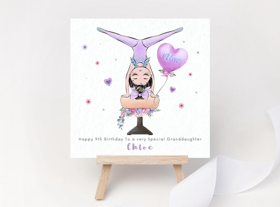 Personalised Gymnastics Birthday Card for Girl – Gymnast Handstand Floral Vault Table - Custom Age Card for Daughter, Granddaughter, Niece