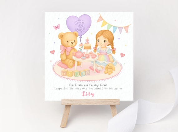 Personalised 3rd Birthday Card for Granddaughter Ragdoll Tea Party Teddy Bear's Picnic Theme Girl’s Card with Name Rainbow Doll Daughter 2nd