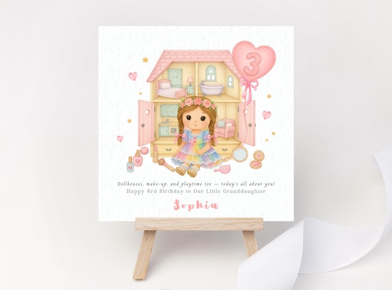 Personalised 3rd Birthday Card for Granddaughter Ragdoll Dollhouse Makeup Theme Girl’s Card with Name Rainbow Doll Niece Daughter Three Card