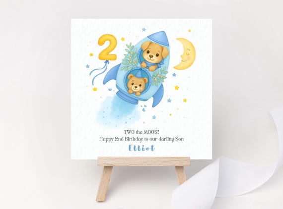 TWO the Moon 2nd Birthday Card for Son Boy Personalised Space Rocket Card with Puppy and Bear Cute Children’s Birthday Card