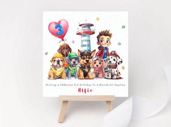 Personalised Rescue Pups Birthday Card – 2 3 4 5 Custom Dog Card with Name & Age for Son, Daughter, Grandson, Granddaughter, Boy or Girl