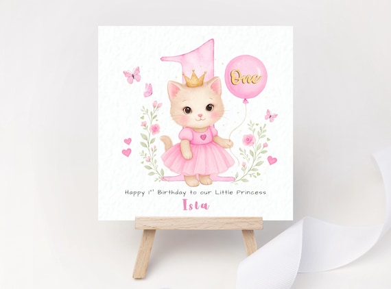 Personalised 1st Birthday Card Girl Cute Kitten Princess Pink Balloon One Birthday Custom Name Granddaughter Daughter Niece Goddaughter