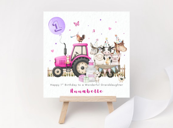 Personalised Pink Farm Birthday Card – Tractor & Farm Animals 1st 2nd 3rd Birthday Card for Daughter Granddaughter Girl Fun Animal Party