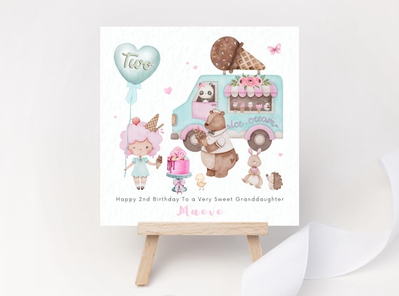 Personalised Girl 2nd Birthday Card Ice Cream Truck Card TWO Sweet Granddaughter Daughter Bunny Cake Cute Animal Party Card for Two Year Old