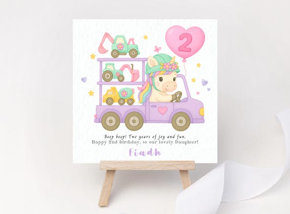 Unicorn Transporter 2nd Birthday Card – Personalised Girls Card with Name – Cute Pastel Construction Trucks – Daughter, Granddaughter, Niece