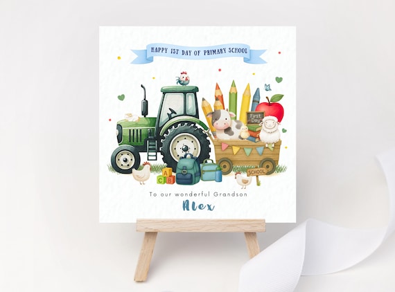 First Day of School Card Tractor Farm Animals Personalised Grandson Granddaughter Starting School Gift Keepsake Nursery Reception Primary