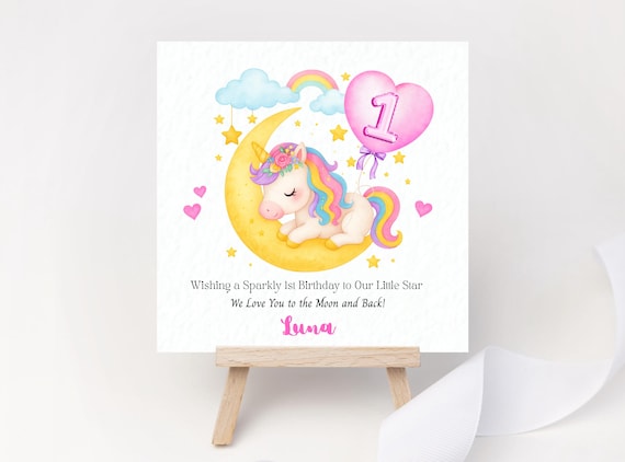 Magical Unicorn Birthday Card Personalised with Name Age Crescent Moon Rainbow Stars Flowers 1st Birthday Daughter Granddaughter One Niece
