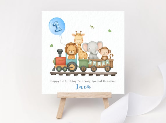 Safari Train First Birthday Card Personalised with Name for Grandson Son Nephew Godson Great Grandson Boy Animals Monkey Lion 1st Party One