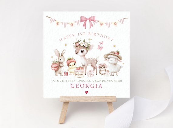 Berry Special 1st Birthday Card – Personalised Name & Relation – Woodland Animals Strawberry Picnic – Bunny, Fawn, Lamb, Owl - One Keepsake
