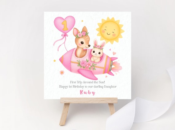 Personalised 1st Birthday Rocket Card – First Trip Around the Sun | Custom Name & Age | Daughter, Granddaughter, Niece, Goddaughter”