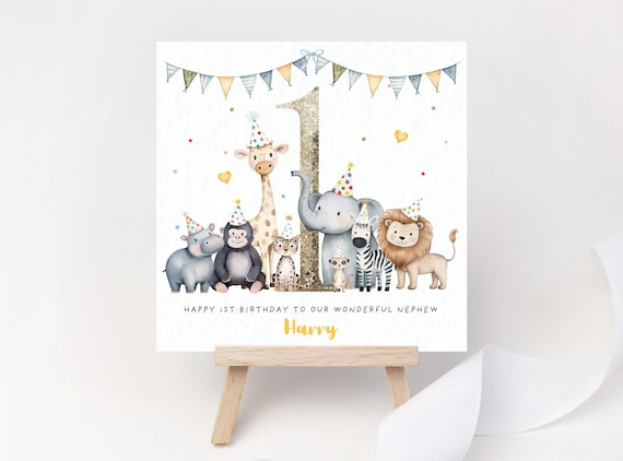Personalised Safari Animals Birthday Card – 1st 2nd 3rd Jungle Animal Party Card with Name & Age for Son Daughter Grandson Granddaughter