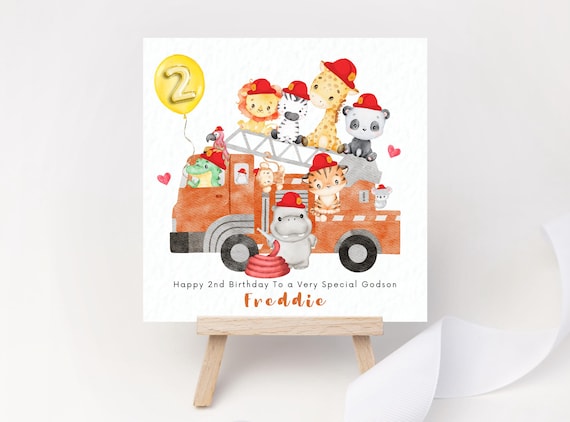 Personalised Birthday Card Cute Fire Truck Safari Animals Fire Engine Vehicle Two Firefighter 2nd Birthday Son Grandson Nephew Godson