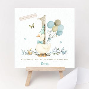 Biglietto di auguri personalizzato per il primo compleanno di Silly Goose per bambino
