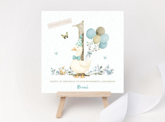 One Silly Goose First Birthday Card Personalised with Name for Grandson Son Nephew Godson Great Grandson Boy