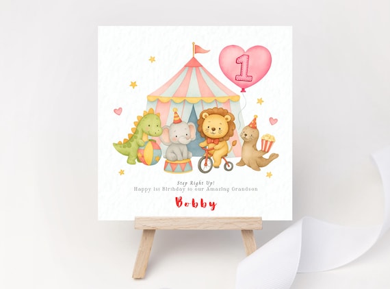 Circus 1st Birthday Card Safari Animals Birthday Card One Party Cute Lion Dinosaur Elephant Seal Son Grandson Nephew Godson First Birthday