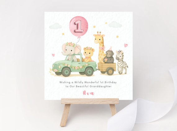 Pretty Safari Parade First Birthday Card Girl Pastel Jungle Animals Elephant Jeep Watercolour 1st Birthday Card Daughter Granddaughter Niece
