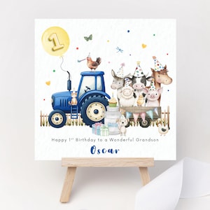 Biglietto di auguri personalizzato per il primo compleanno: animali della fattoria con trattore blu