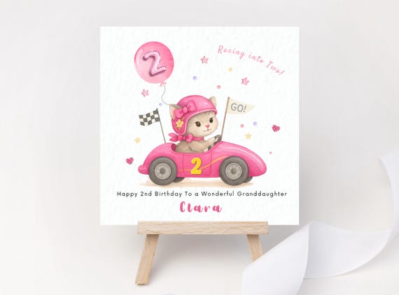 Racing Car Birthday Card Personalised Racing into Two Card 2nd Birthday Card for Daughter Granddaughter Niece Goddaughter Kitten Car Vehicle