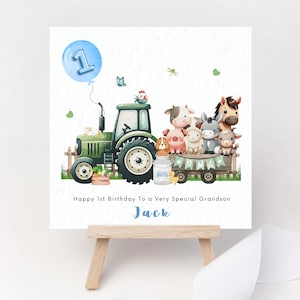 Biglietto di auguri di compleanno personalizzato a tema fattoria: trattore e animali, ricordo personalizzato
