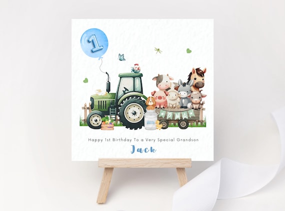 Personalised Farm Birthday Card Tractor Animal Card for Boy One 1st 2nd 3rd Birthday Grandson Son Nephew Godson Keepsake Cute Custom Gift