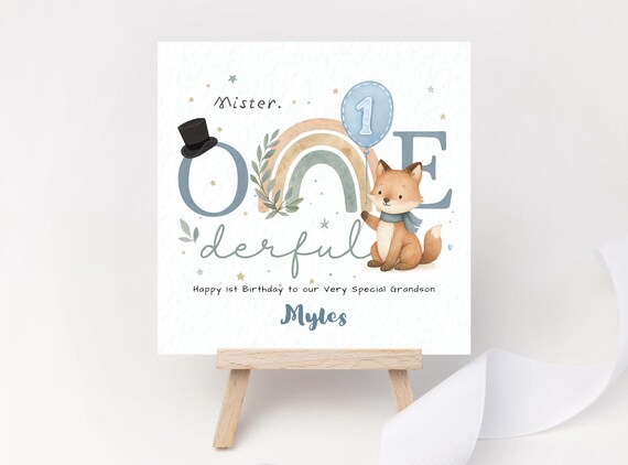 Personalised Boy 1st Birthday Card Grandson Mister ONEDERFUL Fox Card Blue Rainbow Balloon One  First Birthday Keepsake Card Son Godson