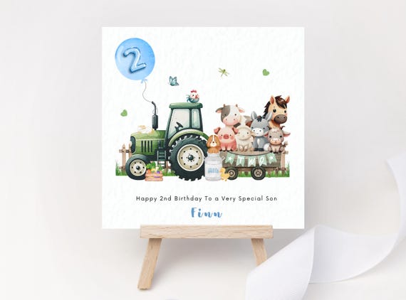 Personalised Green Tractor Birthday Card for Boy Two 2nd Birthday Son Grandson Nephew Godson Toddler Keepsake Animal Card Custom Gift