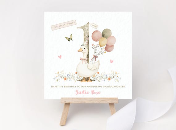 One Silly Goose First Birthday Card Personalised with Name for Granddaughter Daughter Niece Goddaughter Great Granddaughter Girl