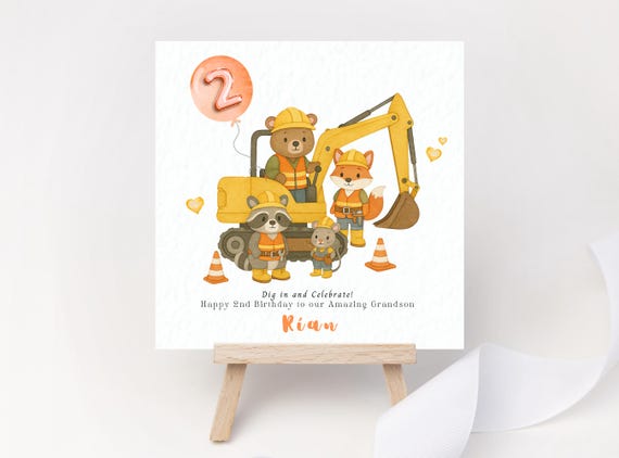 Construction Birthday Card Personalised with Name for Grandson Son Nephew Godson Great Grandson Boy Digger Builder Vehicle JCB Animals Card