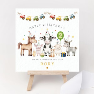Biglietto di auguri personalizzato per il secondo compleanno con animali da fattoria: ricordo con bandierine di trattori